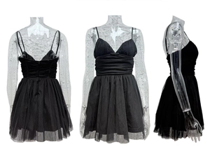 Three-way view of a black mesh tulle mini dress showing backless and layered details