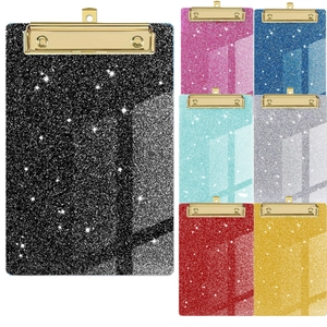 Mini A6 Acrylic Clipboard With Gold Metal Clip Glitter Sparkling Writing Pad For Bill Menu Office School