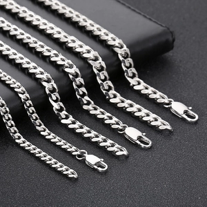 Silver stainless steel Cuban link chains in various widths with lobster clasps