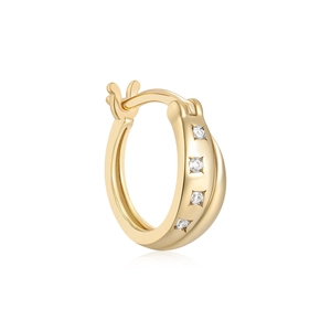 Close-up of S925 sterling silver gold plated hoop earring with sparkling inlaid crystals