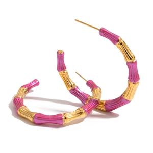 Pink and gold bamboo joint hoop earrings for women in stainless steel style
