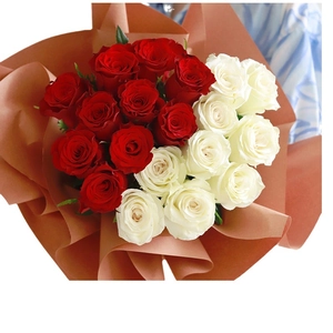 Elegant red and white rose bouquet wrapped in matte brown waterproof craft paper