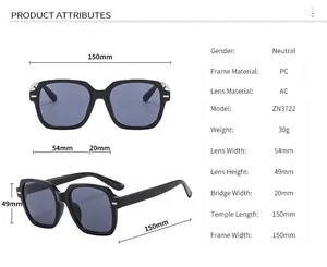 Tableau des tailles détaillé pour lunettes de soleil carrées avec dimensions du cadre
