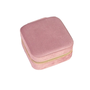 Elegant square velvet jewelry organizer in dusty rose pink with a gold metal zipper