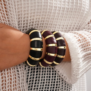Bracelet Jonc Segmenté Élastique En Acrylique Avec Diviseurs En Métal Doré Style Bohème Rétro Bijoux De Mode Pour Femmes