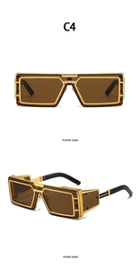 Front and 45-degree views of square gold metal sunglasses with brown lenses