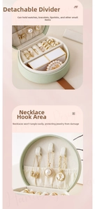 Detail of portable jewelry box with necklace hooks and adjustable storage slots