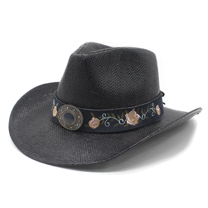 Classic black straw cowboy hat featuring floral embroidery and a vintage metal buckle