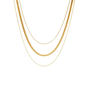 Three-layer 18K gold plated stainless steel necklace with flat snake and cable chains