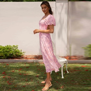 Pink floral puff sleeve backless midi dress for women featuring a French vintage style