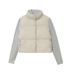 Women's autumn stand collar patchwork jacket with quilted beige fabric and knit sleeves