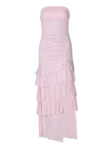 Elegant pink strapless tiered maxi dress with ruffle layers and a sexy side slit