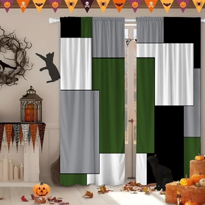 Modern geometric blackout curtains shown in a cozy Halloween themed room setting