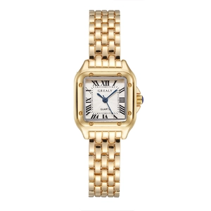 Elegant gold square watch for women with Roman numerals and stainless steel link strap
