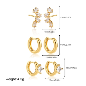 Detailed view of 18K gold plated earring set with zircon studs and hoops including dimensions