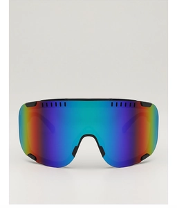 Detailed view of large-frame cycling sunglasses with rainbow mirrored lens and black frame