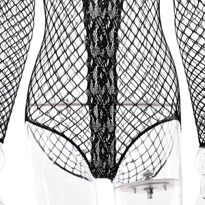 Detail of black fishnet bodysuit featuring intricate lace patterns and rhinestones
