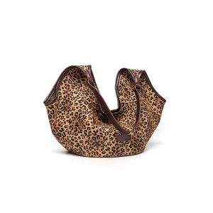 Large leopard print tote bag in brown canvas with dark leather handles and trim