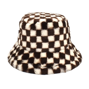 Detailed close-up of brown and beige checkerboard faux fur bucket hat texture