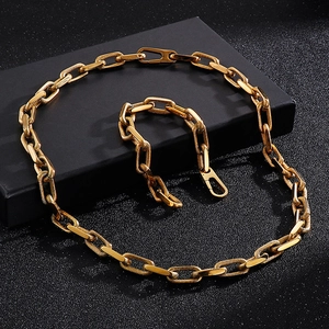 Golden titanium steel paperclip link chain necklace and bracelet jewelry set for men