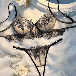 Floral Embroidery Bra And Thong Sheer Mesh Underwire Sexy Lingerie Transparent Breathable Intimates For Women