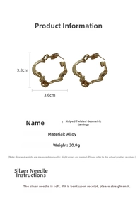 Detailed size specifications of gold striped twisted geometric hoop earrings with silver pins