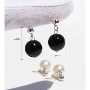 Minimalist silver pearl and black onyx ball drop earrings with 2.3cm height dimension