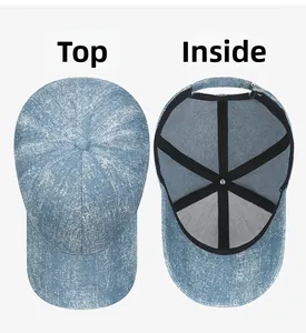 Macro detail of tie-dye denim baseball cap showing top crown and inner reinforced stitching