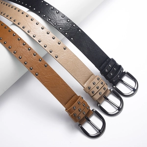 Women's punk style faux leather belts with double row silver rivets in three colors