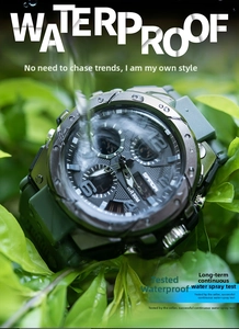 Waterproof SAMDA sports watch with dual display shown in nature and flowing water