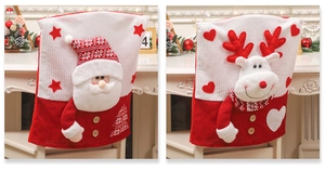 Detailed 3D plush Santa Claus and Reindeer chair covers in festive red and white knit fabric