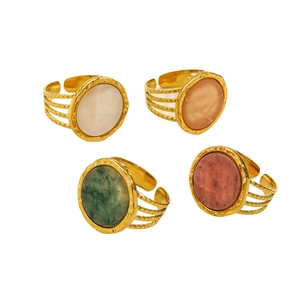 Set of vintage gold-plated stainless steel open rings with colorful natural stones