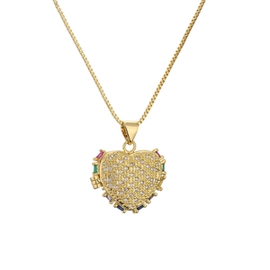 Exquisite gold heart locket necklace with colorful crystals and sparkling zircon stones