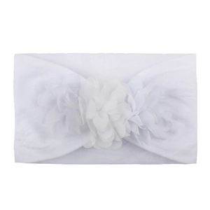Soft white nylon baby headband featuring three delicate chiffon flowers for infants