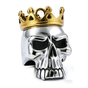 Gothic punk silver skull ring with a detailed golden crown accent in polished steel