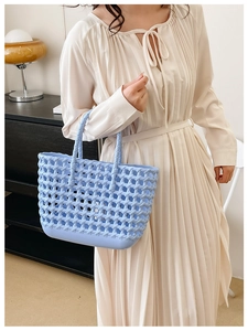 Detail of light blue hollow woven tote bag showing durable texture and solid base