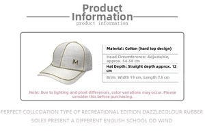 Detail of baseball cap showing adjustable size 54-58cm and structured cotton design