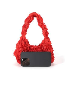Red satin crescent evening bag with 3D rose flowers and smartphone size comparison