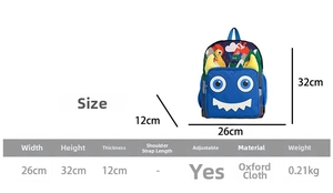 Detailed size guide for cartoon kids backpack showing 32cm height and 26cm width specs