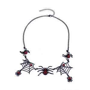 Halloween black spider web necklace featuring red rhinestones on a white background