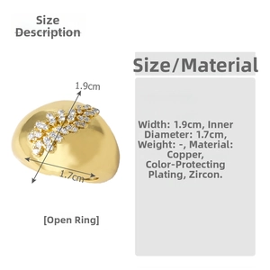 Detailed size specifications for gold plated copper ring with white zircon stones