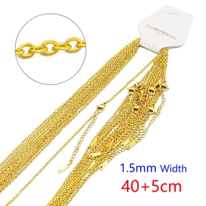 Detail view of 1.5mm width 18k gold plated stainless steel O-link chain with dimensions
