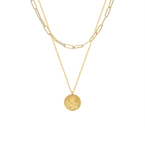 Double-layer gold plated stainless steel necklace with angel coin pendant and paperclip chain