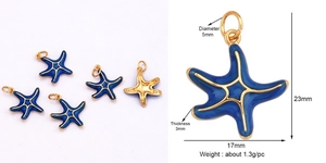 Detailed view of blue enamel starfish pendant with gold edges and dimension markings