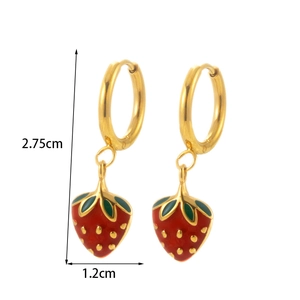 Minimalist C-shaped stainless steel earrings with red strawberry pendants and dimensions
