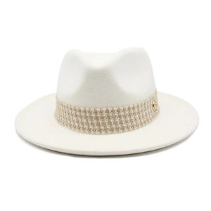 Classic cream felt fedora with heart brim and plaid ribbon band for men and women
