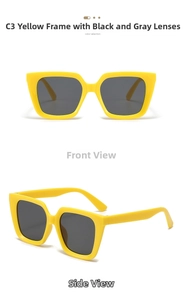 Detail view of bold yellow square oversized sunglasses with dark grey lenses in C3 style