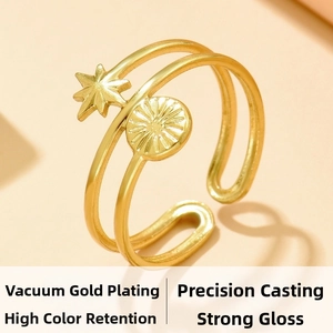 Macro detail of gold-plated double-band ring with engraved star pattern and sunburst disc