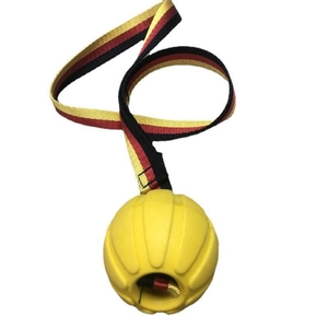 Yellow dog training ball with durable tricolor rope tug toy for interactive outdoor pet play