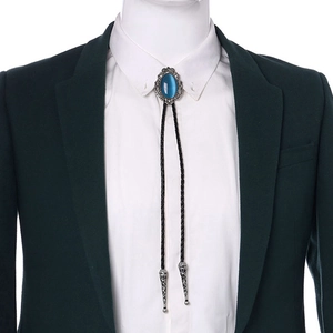 Vintage western bolo tie with blue faux agate stone and silver floral frame on black cord